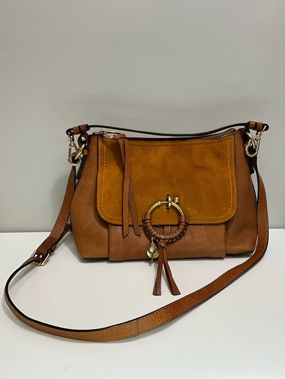 SEE BY CHLOÉ Joan Small Leather Suede Crossbody Bag Caramel Mustard Tan